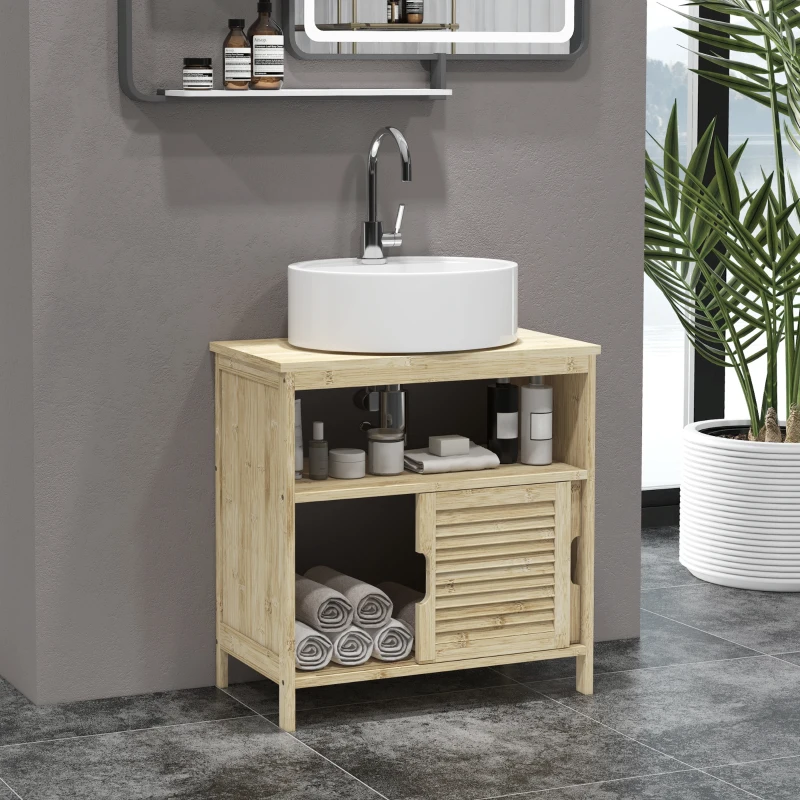 HOMCOM Móvel para Lavatório Pousar em Bambu com Portas Deslizantes de Ripas Compartimento Aberto 60x30x60 cm Madeira