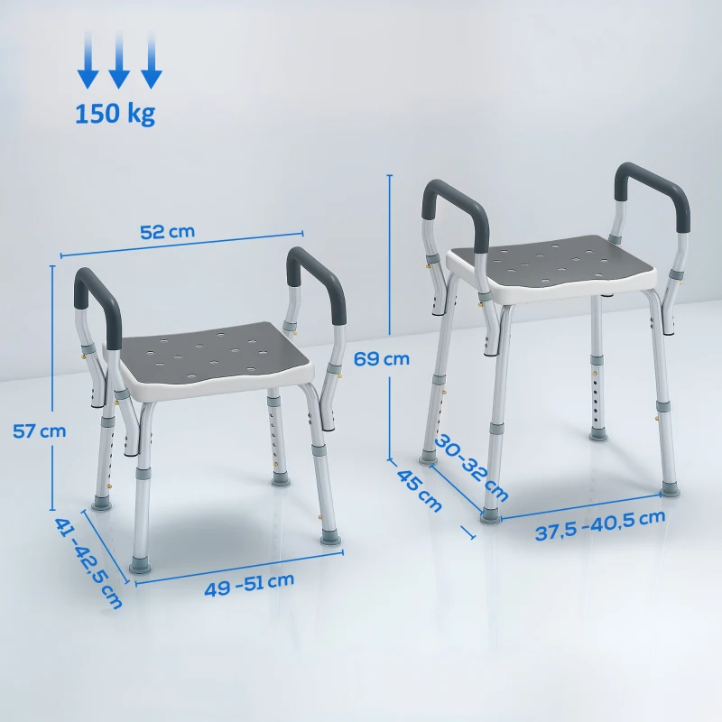 HOMCOM Tabouret de douche pour personnes âgées et handicapées avec accoudoirs, hauteur réglable, patins antidérapants, gris(m-3)