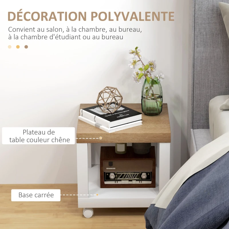 HOMCOM Table d'appoint roulante, table basse moderne avec étagère ouverte, 40 x 40 x 40 cm, bois naturel & blanc