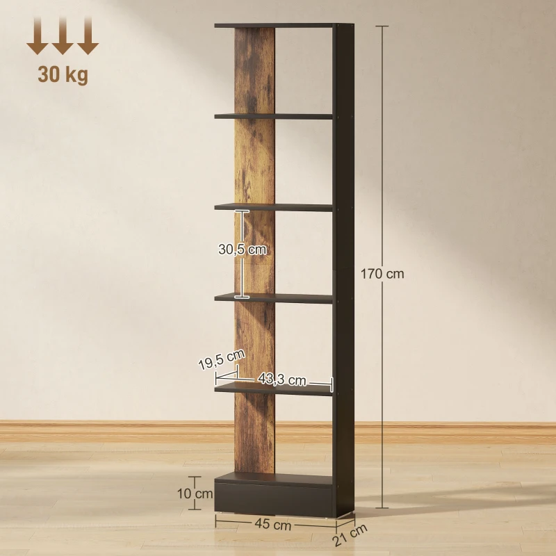 HOMCOM Libreria Moderna Salvaspazio a 5 Ripiani in Legno 45x21x170 cm, Marrone e Nero