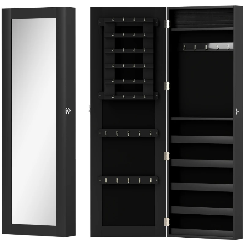 HOMCOM Espejo Joyero Colgante de Pared Armario de Joyería Organizador de Joyas con Ganchos y Ranuras para Collares para Dormitorio Salón 37x9,5x112 cm Negro