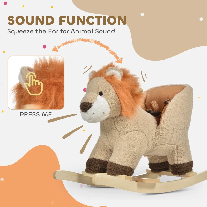 HOMCOM Kids Lion-themed Rocking Horse, with Roaring Sound Button, Seatbelt, Brown