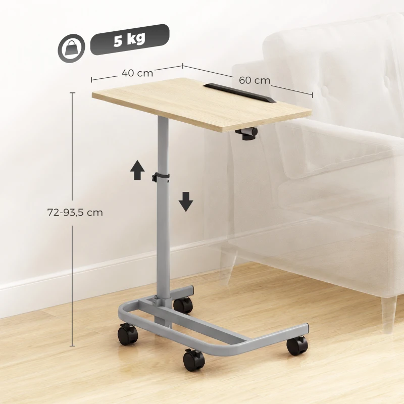 HOMCOM Mesinha Lateral Ajustável com 4 Rodízios em Madeira e Metal 60x40x72-93,5 cm Carvalho