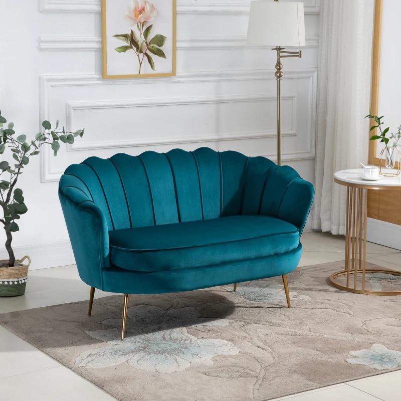 HOMCOM Canapé 2 places en tissu velours, petit canapé, en forme de coquillage, avec coussin épais de 10 cm, canapé, structure en métal, pieds dorés effilés, facile à assembler, bleu canard