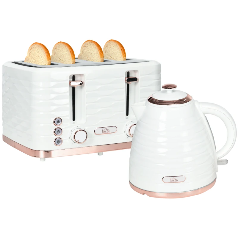 HOMCOM 2-in-1 Toaster en Waterkoker Set, 7 Bruiningsniveaus, Ontdooien en Verwarmen Functie, Cremewit