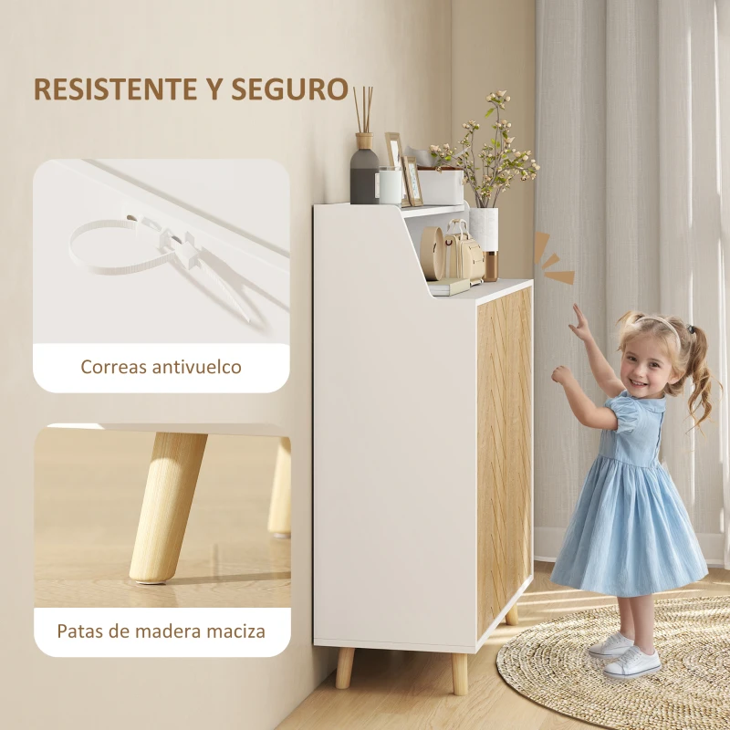HOMCOM Zapatero Entrada Recibidor con 2 Puertas Estantes Ajustables y Compartimento Abierto 75x35x104 cm Blanco y Natural