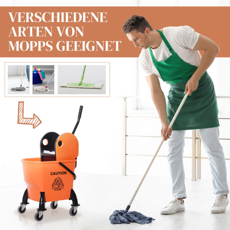 HOMCOM Mobiele Dweilemmer met Moppers, 26 L, Kunststof, Oranje