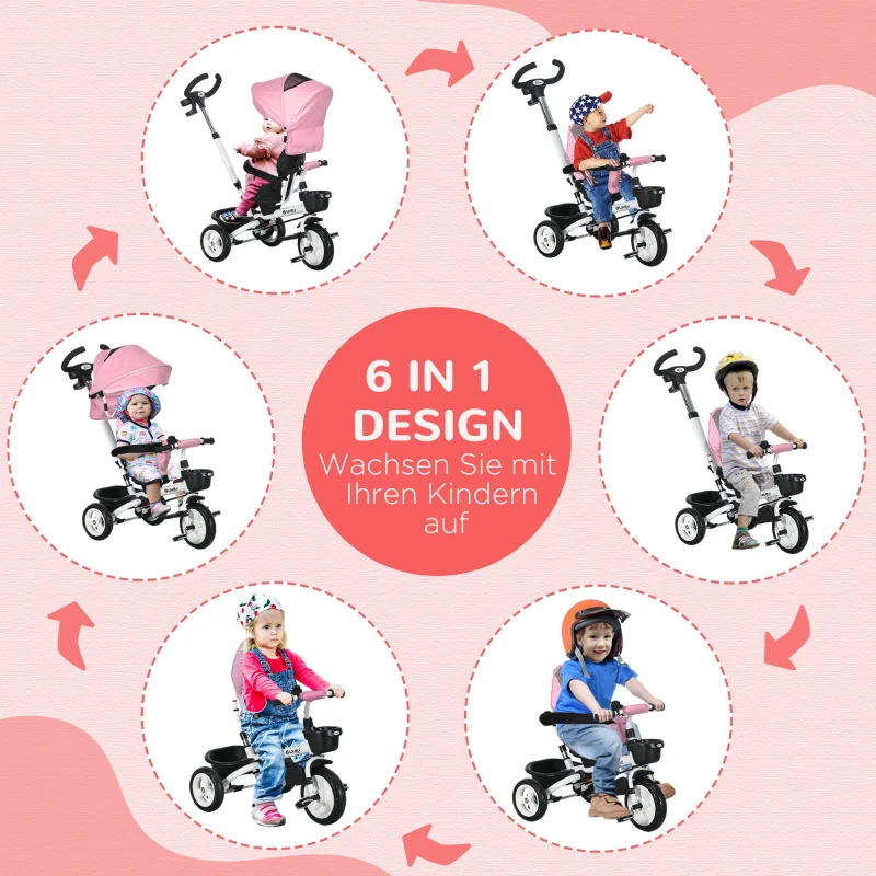 HOMCOM 6-in-1 Kinder Driewieler met Duwstang, Dak, Gordel, Opbergmand, 18+ Maanden, Roze(m-4)