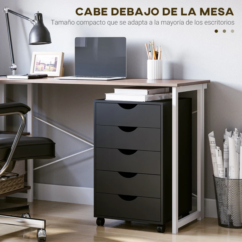 HOMCOM Cajonera de Oficina con Ruedas y 5 Cajones, Mueble Archivador para Estudio y Salón, 40x40x67 cm, Negro