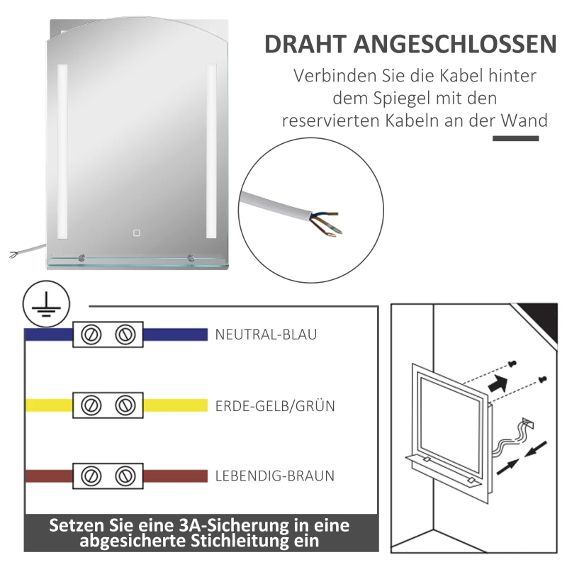 kleankin Badkamerspiegel met LED-verlichting, Elegant en Hoogwaardig, Glas, Aluminium, Kunststof, 50L x 12B x 70H cm