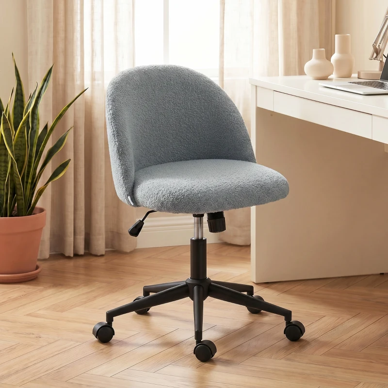 HOMCOM Chaise de Bureau Pivotante en Fourrure Teddy, Hauteur Réglable, Roulettes, Mousse Haute Résilience, Gris