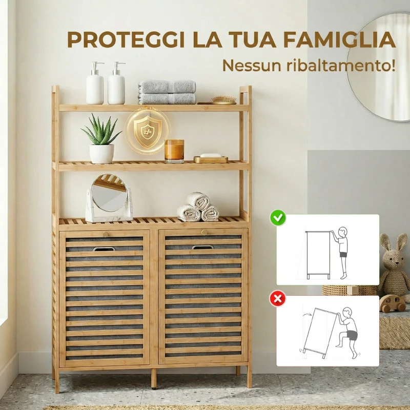 HOMCOM Mobile Porta Biancheria Doppio Inclinabile, Bambù, 2 Cesti, 3 Ripiani, Colore Rovere
