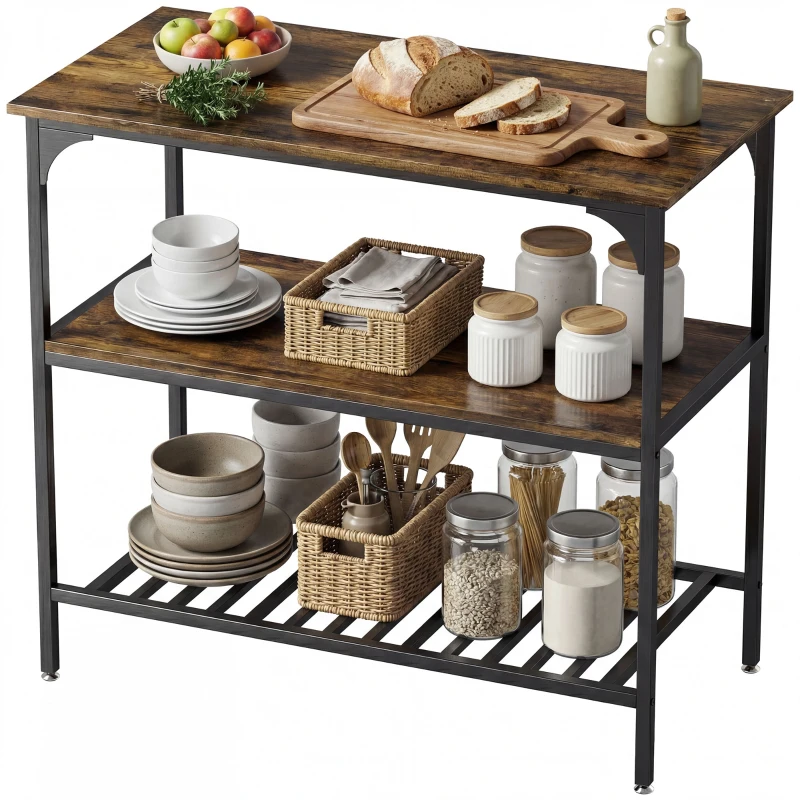 HOMCOM Bakkersrek, 3-niveau keukenrek met stalen frame, Rustiek-Bruin+Zwart