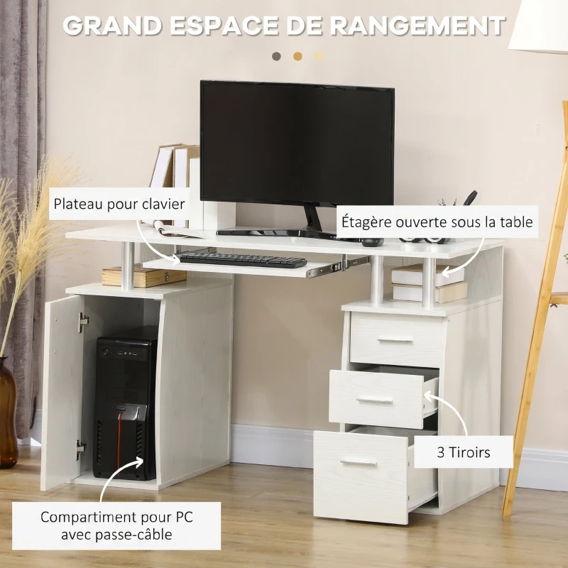 HOMCOM Bureau d'ordinateur, bureau informatique 120 x 55 cm avec plateau pour clavier, 3 tiroirs, pour chambre, domicile, blanc
