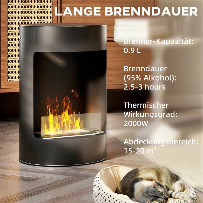 HOMCOM Bio-ethanol haard, vrijstaand, binnen-ethanolhaard, staal, roestvrij staal, glas, zwart