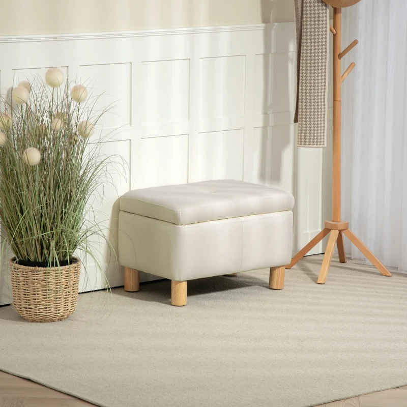 HOMCOM Baúl de Almacenaje para Dormitorio 33L Tapizado en PU Banco de Almacenaje con Patas de Madera 60x38x40 cm Crema