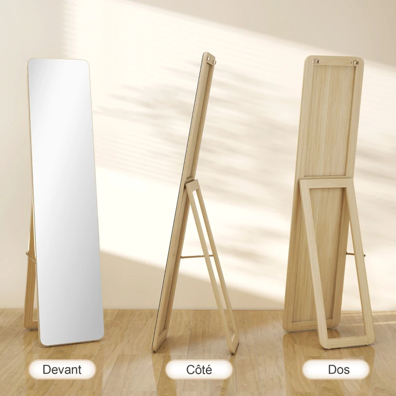HOMCOM Miroir sur Pied et Mural rectangulaire dim. 37L x 43l x 156H cm bois naturel