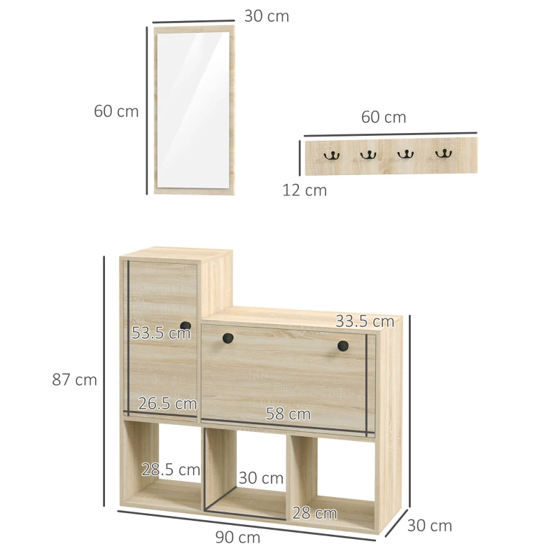 HOMCOM Set de hol cu cuier de perete cu 4 cârlige, dulap pentru 9 perechi de pantofi, dulap și oglindă
