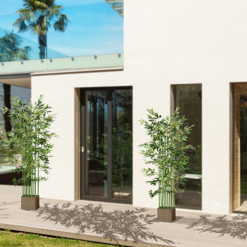 HOMCOM Pack de 2 Bambú Artificial con Maceta de Madera Plantas Artificiales de Decoración para Interior 35x10x180 cm Verde