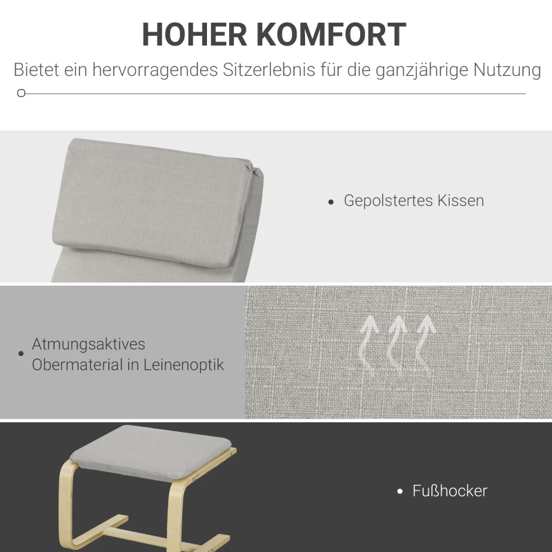 HOMCOM Loungestoel met Voetenbank, Bekleding in Linnenlook, Houten Frame, tot 120 kg, Lichtgrijs/Natuur