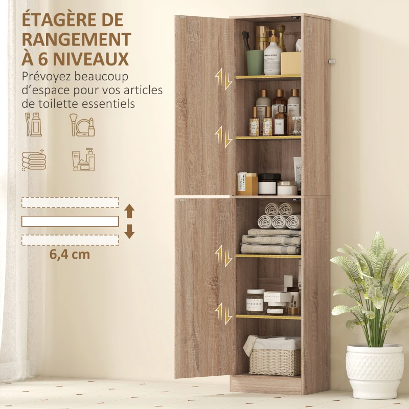 HOMCOM Meuble de salle de bain colonne avec 2 portes et 4 étagères réglables, 40 x 35 x 180 cm, bois naturel