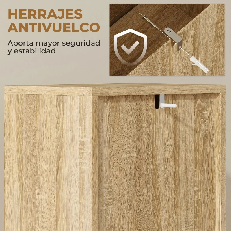 HOMCOM Mueble Auxiliar de Baño con Puerta de Listones 3 Estantes y Estante Ajustable Apertura por Presión 34x23x84 cm Natural