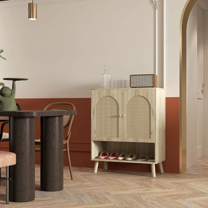 HOMCOM Mobile Multiuso in Stile Boho con Ante in Rattan e Ripiano Aperto, 80x38x100cm, Rovere