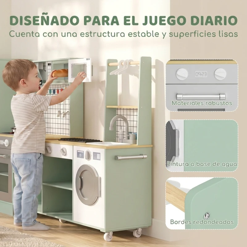 AIYAPLAY Cocina Infantil de Juguete de Imitación con Microondas Horno y Encimera Giratoria sobre Ruedas 160x32x97,5 cm Verde Claro