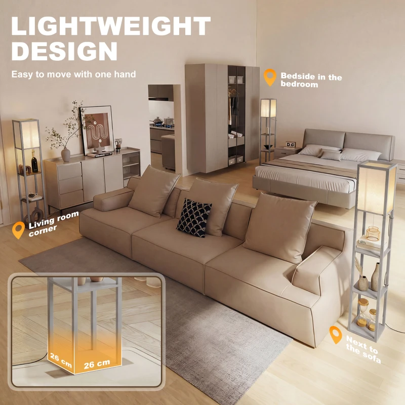HOMCOM 3-Tier Floor Lamp with Shelves and Storage, Modern Corner Standing Lamp with Lampshade, Foot Switch for Living Room, Bedroom, Home Office, Bulb not Included, Grey