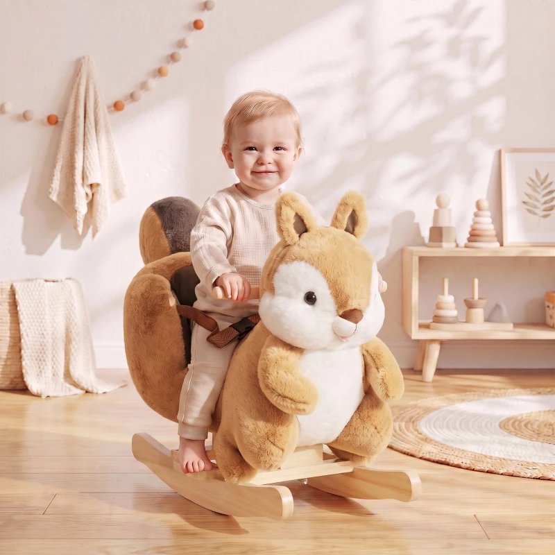 AIYAPLAY Cheval à bascule pour enfants 1-3 ans en peluche en forme d'écureuil, sons, ceinture de sécurité, marron