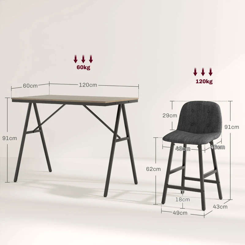 HOMCOM 5-delige bargarnituur, tafel en 4 krukken, knopen, dikke vulling, linnenlook, donkergrijs(m-3)