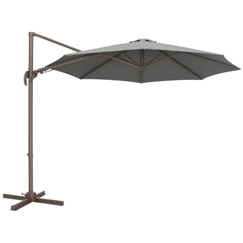 Outsunny 3(m) Cantilever Parasol with 360° Rotation Roma Umbrella, Hanging Sun Shade with Aluminium Frame, Tilt Crank, 8 Ribs and Cross Base, Dark Grey