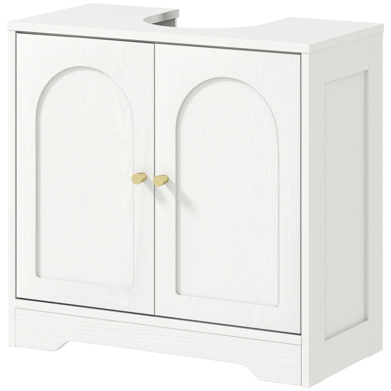 HOMCOM Mueble bajo Lavabo con 2 Puertas con Diseño de Arco Estante Ajustable Tiradores Dorados 60x30x65 cm Blanco