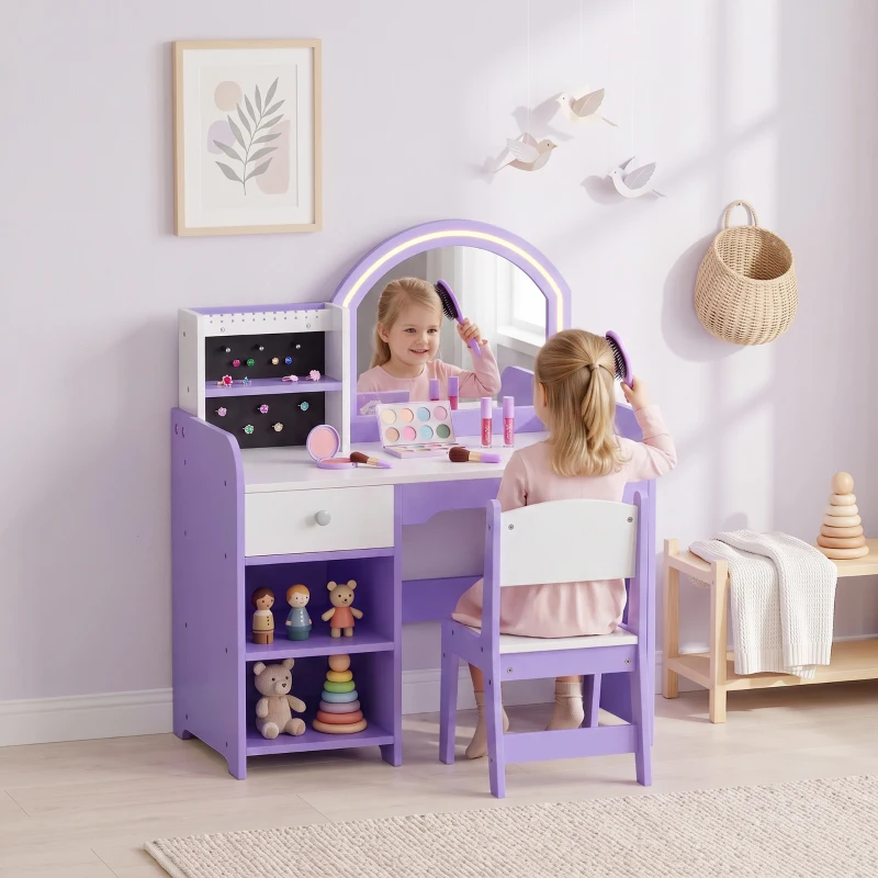 AIYAPLAY Tocador de Maquillaje Niña con Espejo de LED de 2 Colores Taburete 2 Soportes para Joyas Cajón 2 Compartimentos Morado