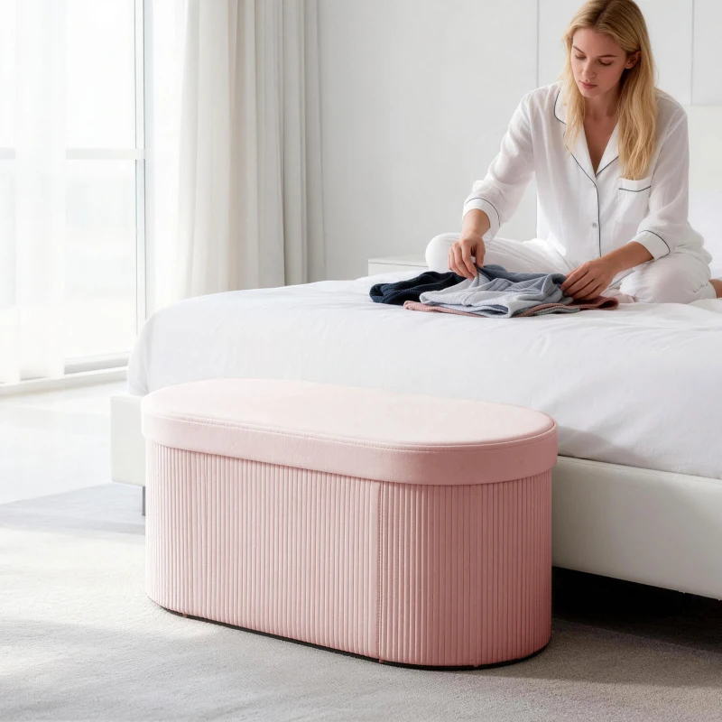 HOMCOM Pouf Contenitore Pieghevole con Vano da 72L e Rivestimento in Velluto, 76x38x35 cm, Rosa