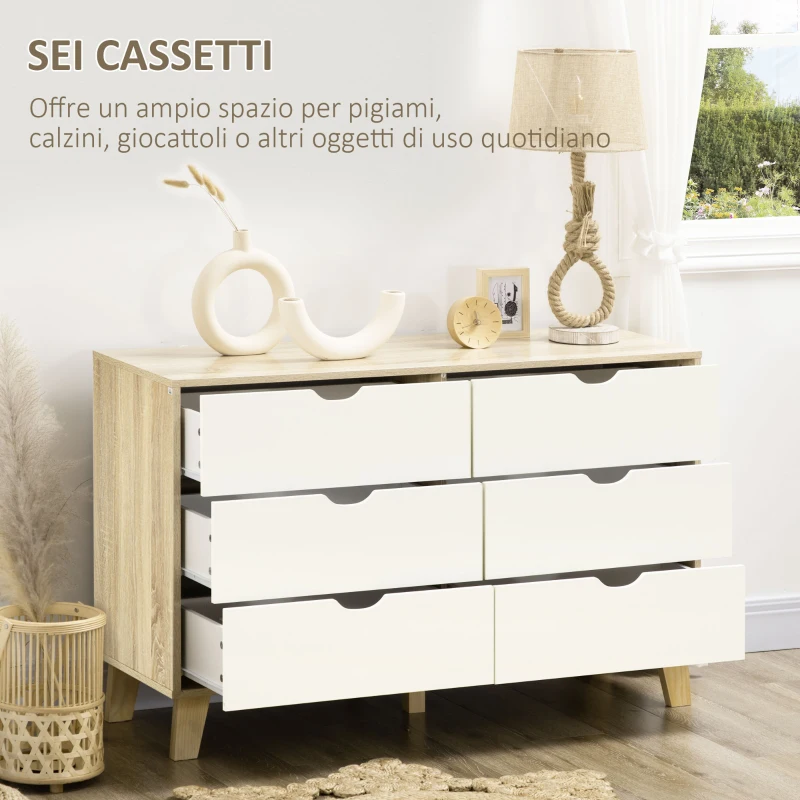 HOMCOM Cassettiera 6 Cassetti con Maniglie Intagliate in Legno, 120x40x76 cm, Bianco e Rovere