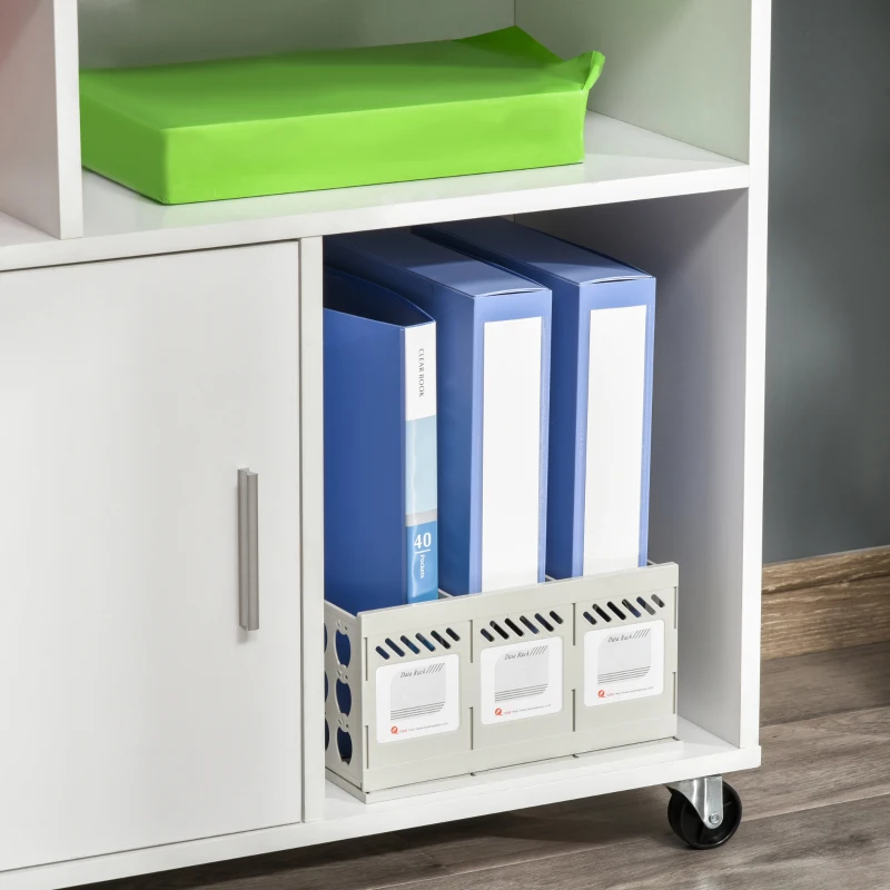 HOMCOM Support d'imprimante à 2 tiroirs meuble de rangement sur roulettes étagères ouvertes et placard, 100 x 35 x 65 cm, blanc