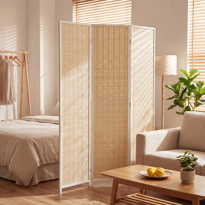 HOMCOM Paravento da Interno a 3 Ante Pieghevole in Legno e Bambù Altezza 180cm, Colore Naturale