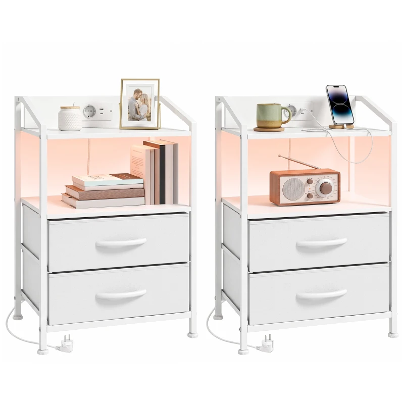 HOMCOM Set de 2 Noptiere Con Lumini Led E Stație de Încărcare, Alb