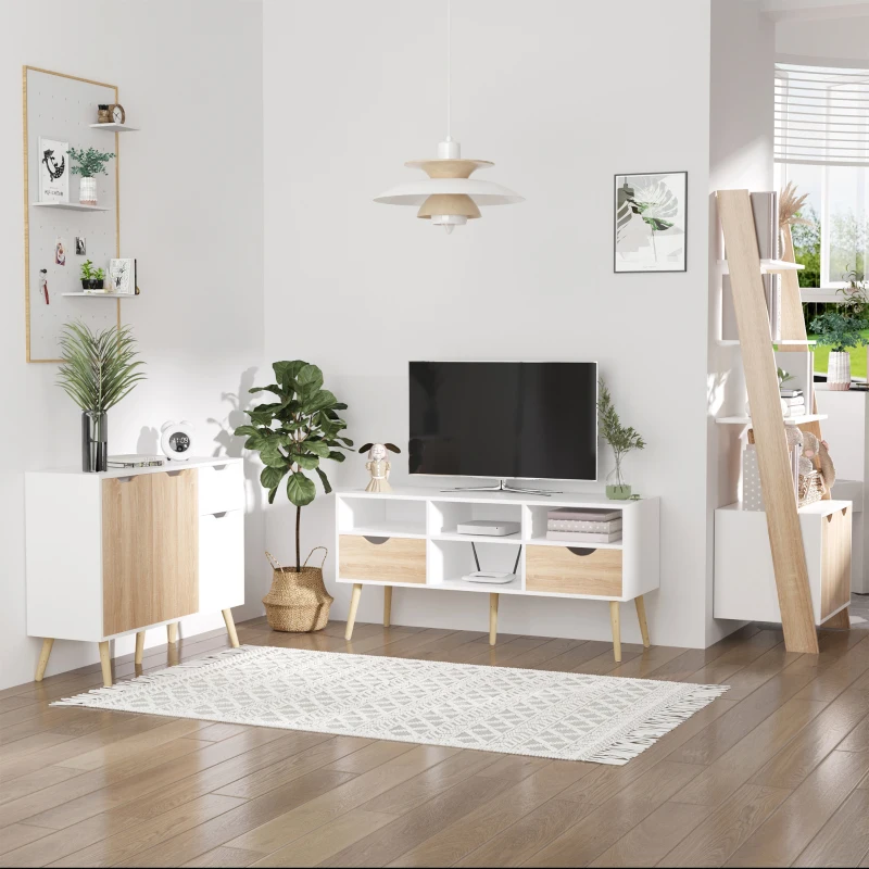 HOMCOM tv-tafel tv-meubel met 2 lades tv-plank spaanplaat massief houten poten wit + eiken 117 x 39 x 57 cm