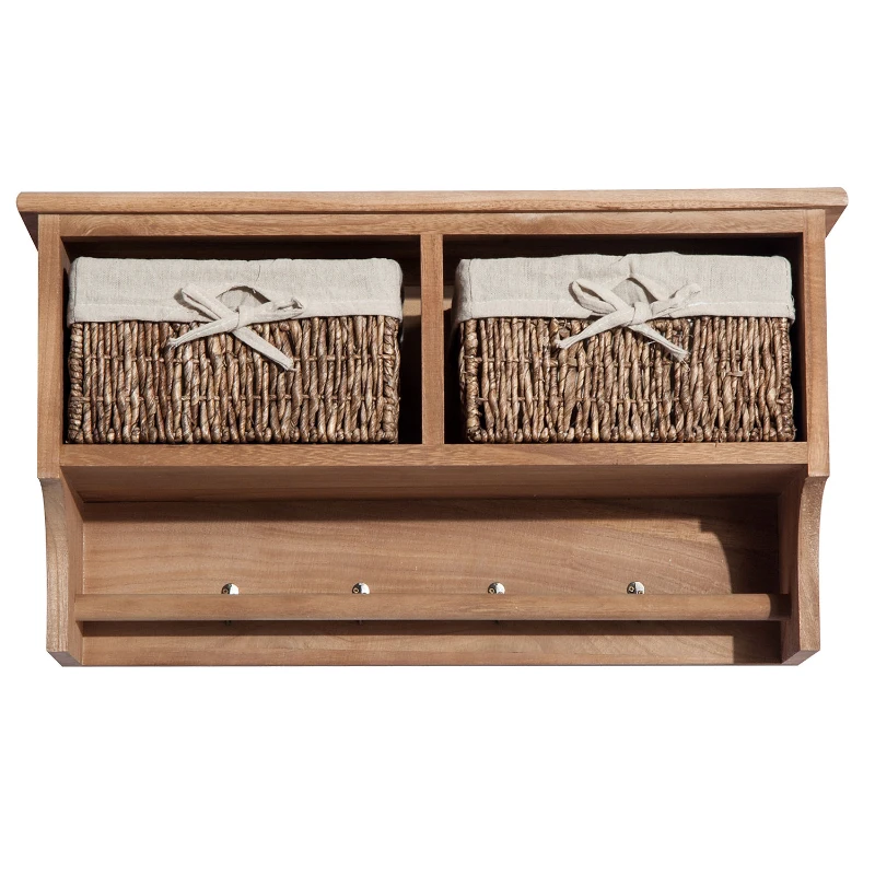 HOMCOM Entryway Coat Rack Wall Mounted Shelf w/ 2 Corn Husk Baskets and Hooks, Brown