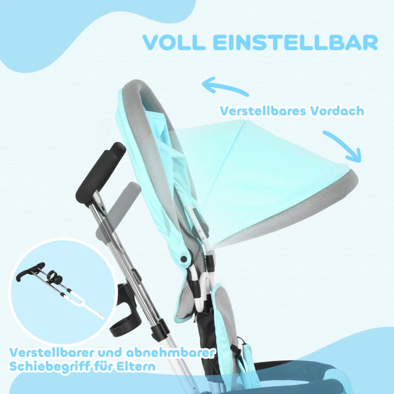 HOMCOM 6-in-1 Kinderdriewieler met Duwstang, Zonnedak, Veiligheidsgordel, Opbergmand, voor Kinderen van 1-5 Jaar, Groen