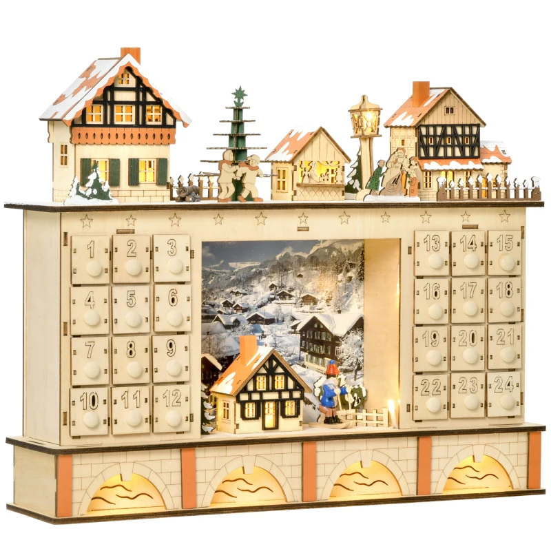 HOMCOM Calendario de Adviento para Llenar Calendario de Adviento de Madera con Luces y 24 Cajones 44x10x37 cm Natural
