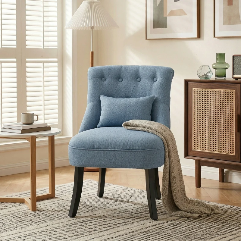 HOMCOM Fabric Single Sofa Dining Chair Tub Chair Upholstered W/ Pillow Solid Wood Leg Home Living Room Furniture Blue