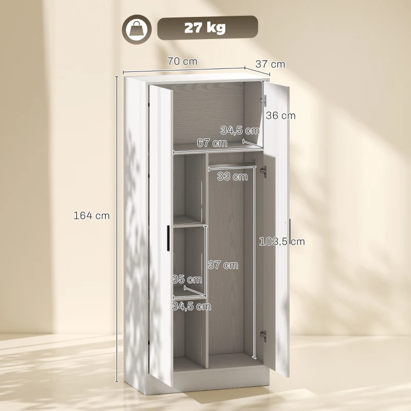 HOMCOM Roupeiro Moderno para Quarto com Barra para Pendurar e Prateleiras 70x37x164 cm Branco