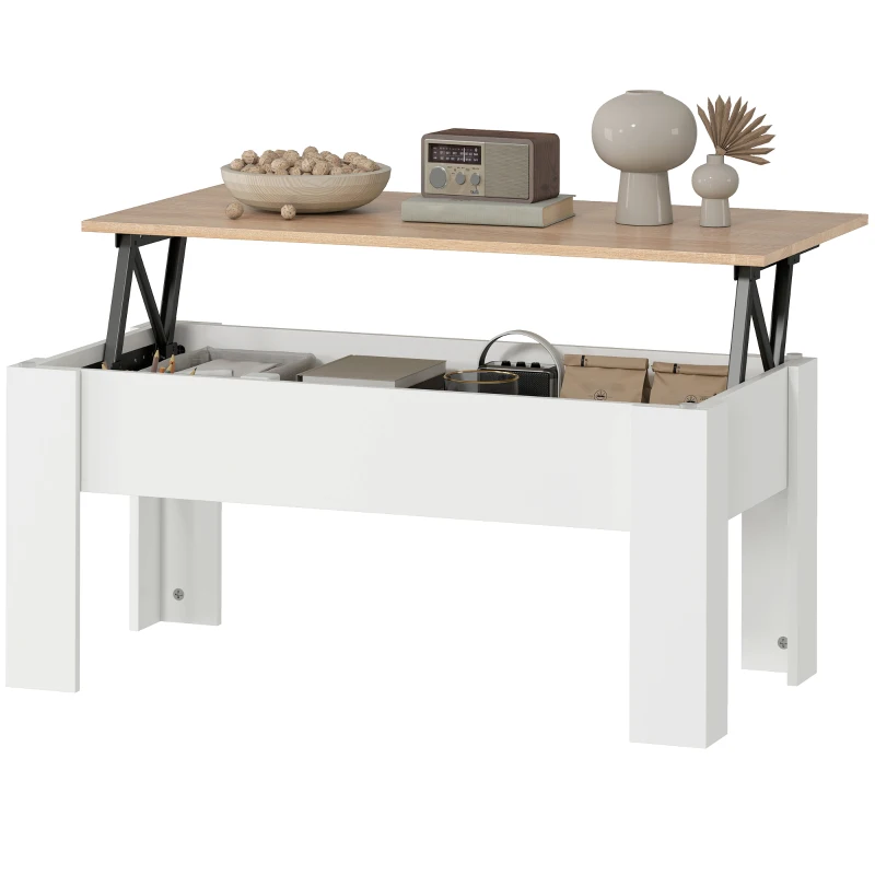 HOMCOM Mesa de Centro Elevable con Encimera Elevable con Espacio Oculto de Almacenaje 100x50x45-58,5 cm Blanco y Natural
