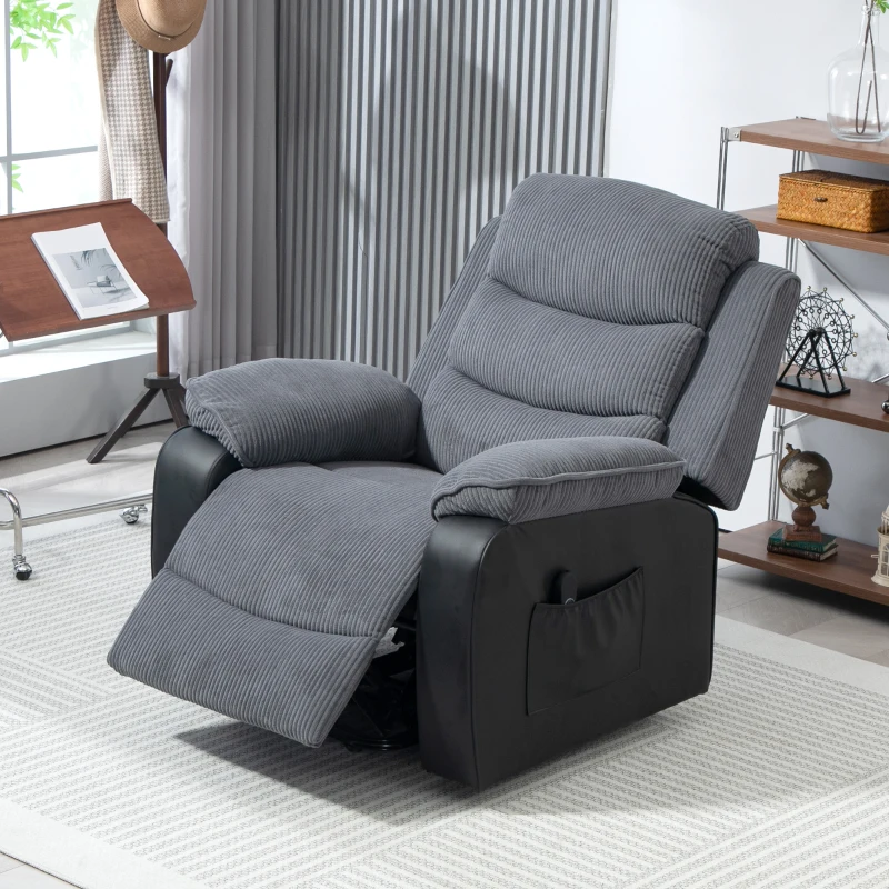 HOMCOM Opsta-fauteuil met zachte ribfluwelen bekleding, recliner-fauteuil met afstandsbediening en zijzakken, donkergrijs