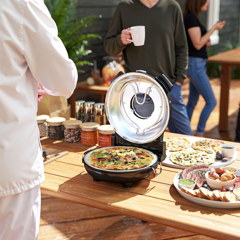 HOMCOM Elektrische Pizzaoven 430 ℃, 1200 Watt Pizzabakker met 30 cm Steenplaat, Timer, Zichtvenster, Roestvrij staal Zwart(m-9)
