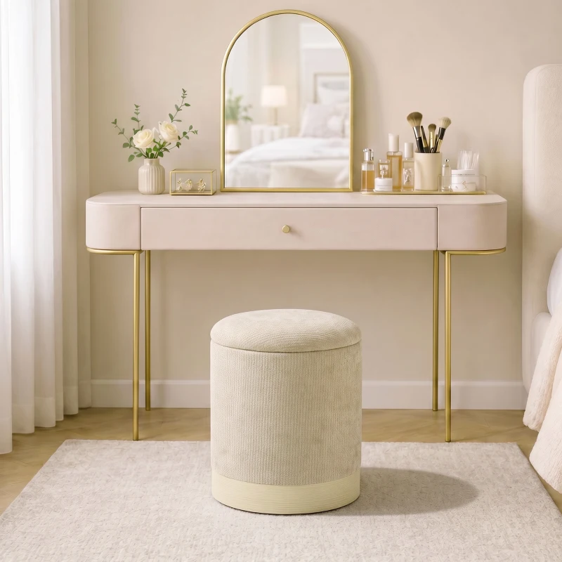 HOMCOM Pouf coffre rangement, tabouret rond en chenille, pouf repose-pieds avec base en métal effet bois, beige
