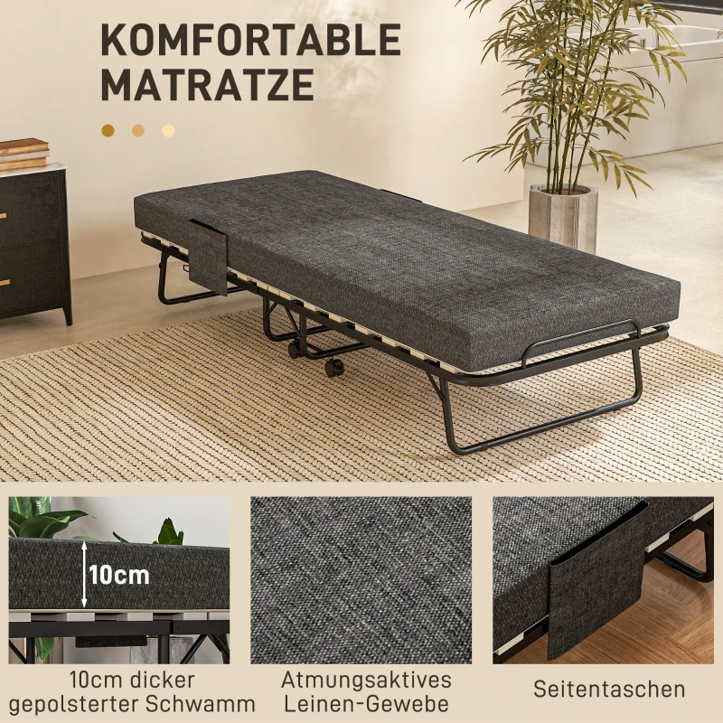HOMCOM Opklapbed, Matras, 4 Wielen, Metalen Frame, Tot 150 kg, 190 x 80 x 42 cm, Donkergrijs